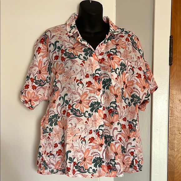 Garnet Hill Tops - Garnet Hill Linen Button Down Floral Short Sleeve Size 10